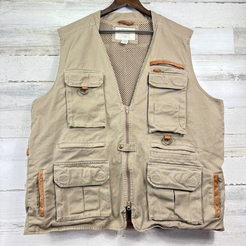 Orvis Fishing Hunting Vest XXL Vintage 80s Khaki Tan Multi Pocket Leather Trim